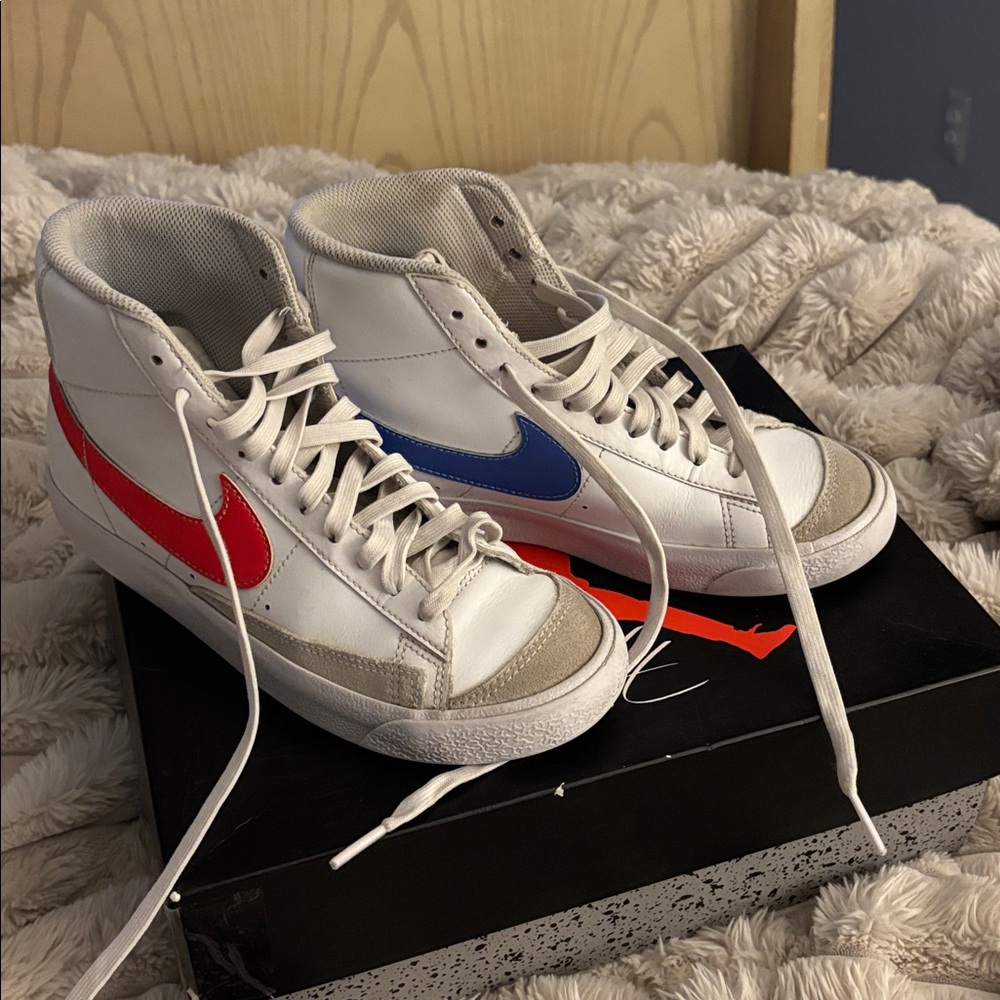 Nike White Sneakers with Red and Blue Swooshes